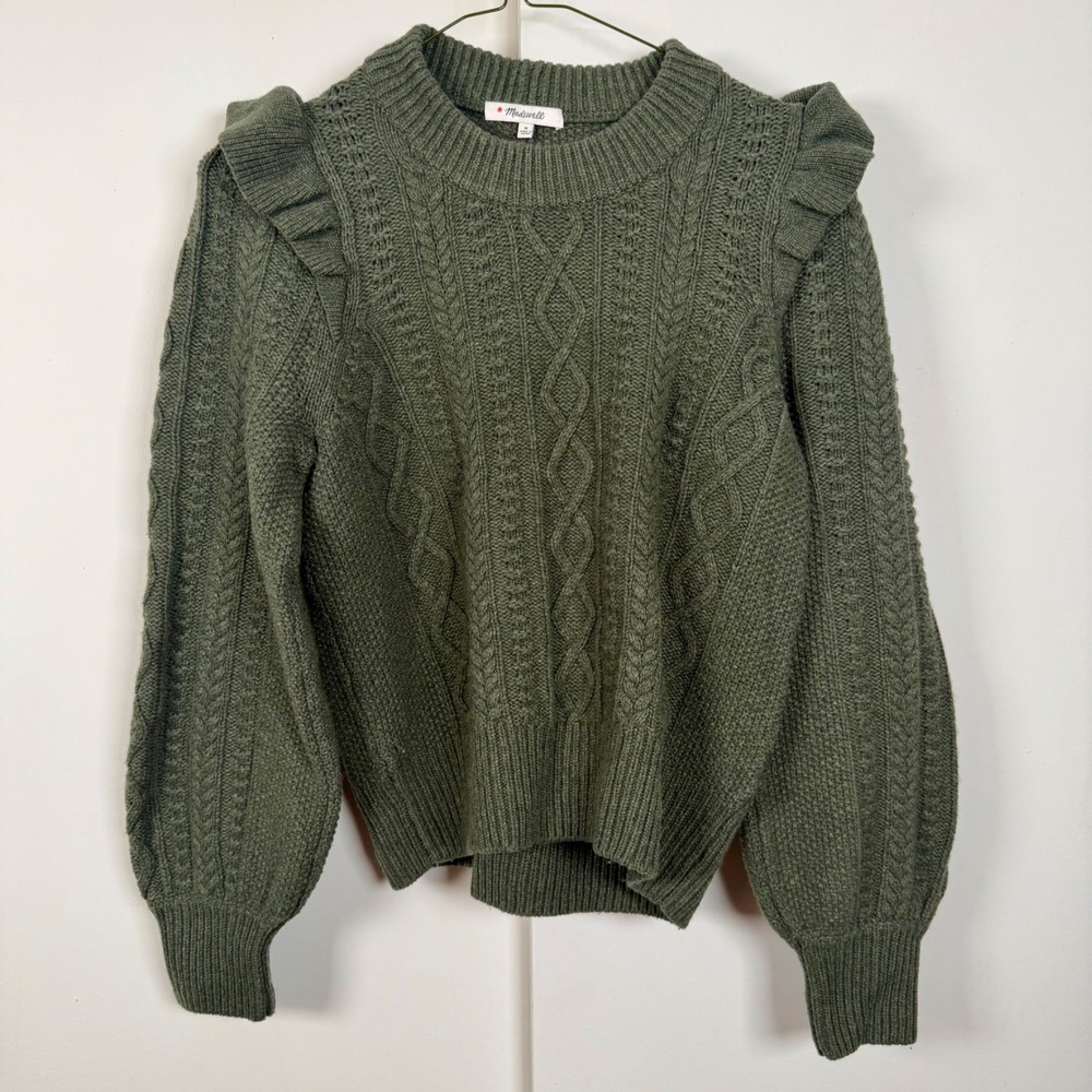 Madewell Ruffle Shoulder Cable Knit Sweater Olive Green Puff Sleeve Crewneck M